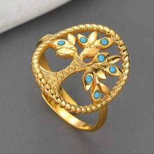 Unique gold tree of life open ring with turquoise stones and textured rope edges