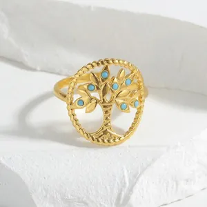 Golden Tree of Life open ring with turquoise-style blue beads and woven texture