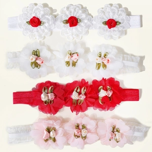Set of four floral baby headbands with chiffon roses and lace for infant girls