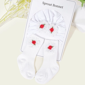Cotton baby bonnet and ribbed socks set with lace flowers and red roses detail