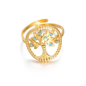Adjustable golden tree of life ring featuring turquoise beads and twisted rope texture