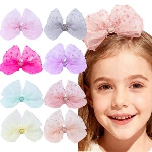 Sweet Kids Bow Hair Clip Mesh Polka Dot Rhinestone Alligator Clip Girls Princess Hair Accessories For Party Daily