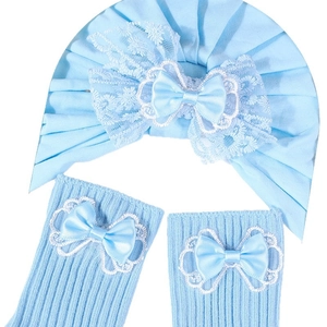Light blue cotton baby turban hat and matching socks set with elegant lace bows