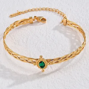 Bracelet tissé en acier inoxydable plaqué or 18 carats avec pierre malachite verte chic