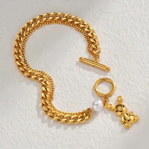 Golden double-layer chain bracelet with OT clasp, pearl and cute bear pendant charm