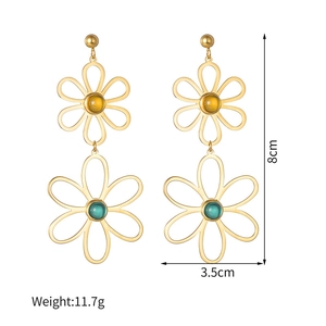 Detailed view of gold hollow daisy earrings with measurements 8cm height and 3.5cm width
