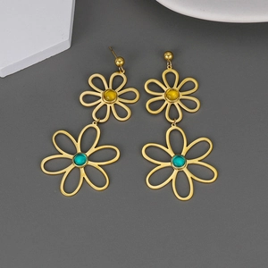 Elegant gold-tone hollow floral drop earrings with amber and blue gemstones