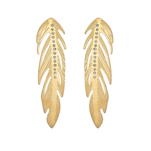 Élégantes boucles d'oreilles plumes dorées avec pierres blanches et texture métal