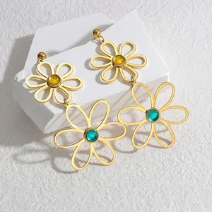Elegant gold titanium sunflower drop earrings with yellow and green gemstone accents