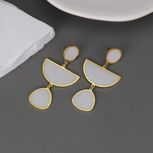 Minimalist geometric long gold earrings with white resin inserts for women