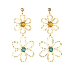 Elegant gold titanium steel hollow flower drop earrings with yellow and green beads
