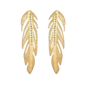 Boucles d'Oreilles Pendantes Plume en Acier Inoxydable pour Femme Plaquées Or Longues avec Strass Bijoux Cadeau