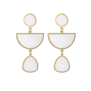 Elegant geometric drop earrings with golden frames and white matte circular resin pendants