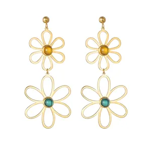 Stainless Steel Hollow Flower Drop Earrings For Women Gold Plated Double Layer Daisy Dangle Earrings With Rhinestones