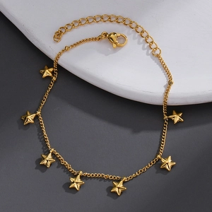 Minimalist gold stainless steel star tassel bracelet with seven pentagram pendants