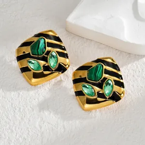 Vintage gold square stud earrings with black stripes and green crystal stones