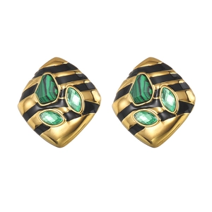 Vintage gold earrings with green malachite texture and black stripes in square design
