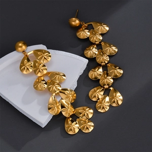 Elegant 18K gold-plated titanium steel tassel drop earrings with matte floral texture