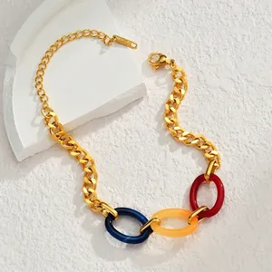 Fashion geometric titanium steel chunky chain bracelet with colorful resin oval links