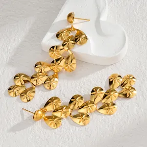 Exaggerated 18K gold plated titanium steel long tassel earrings with teardrop petal carving