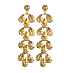 Exaggerated gold tassel long earrings with leaf shapes and floral patterns in 18K plating