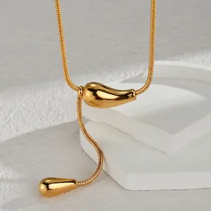 Elegant gold titanium steel snake chain necklace with dual polished teardrop pendants