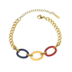 Chic geometric gold chain bracelet with blue amber and red translucent oval stones