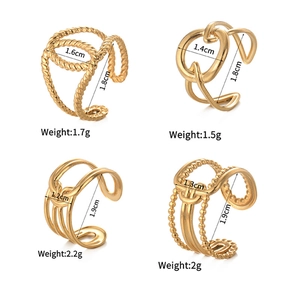 Lot de quatre bagues ouvertes géométriques dorées avec anneaux métalliques réglables