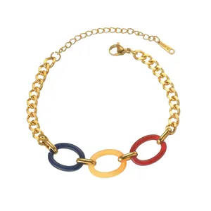 Fashion Stainless Steel Gold Plated Cuban Chain Bracelet For Women With Multicolor Geometric Resin Rings Adjustable Jewelry