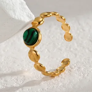 Vintage gold stainless steel open ring featuring a round green malachite stone inlay