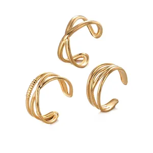 Anello Aperto Regolabile in Acciaio Inossidabile Placcato Oro Linea Geometrica Croce Multistrato Gioielli di Moda Donna