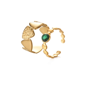 Elegant gold-plated adjustable ring set with wide hammered band and green malachite stone