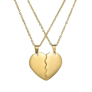 Polished stainless steel couple necklaces with two interlocking broken heart pendants in gold