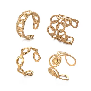 European American Retro Geometric Stainless Steel Open Ring For Women Adjustable Gold Plated Hollow Chain Ring Jewelry Gift