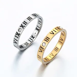 Anillo Minimalista de Acero Inoxidable Con Números Romanos para Mujer Moda Hueco Zirconia Oro Plata Joyería Diaria