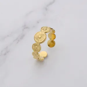 Retro sunflower 14K gold plated titanium steel open ring with textured relief pattern