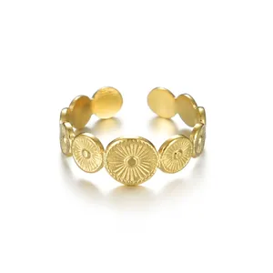 Vintage Stainless Steel Open Ring For Women 14K Gold Plated Sunburst Relief Sunflower Geometric Adjustable Finger Ring Jewelry