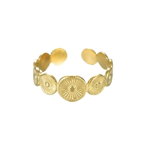 Retro style minimalist 14K gold plated stainless steel open ring with circular coin patterns