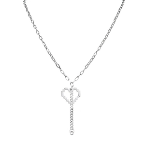 Collana minimalista in acciaio inossidabile argento con ciondolo a cuore e frangia pixel