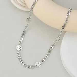 Collier cubain en acier inoxydable argenté avec pendentifs emoji pour style hip-hop