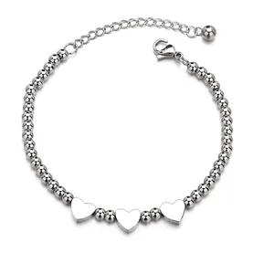 Polished titanium steel heart bead bracelet with adjustable chain and lobster clasp