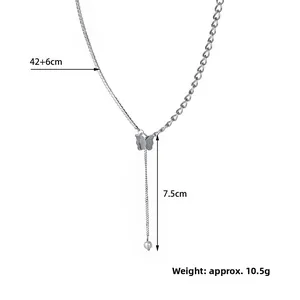 Detailed silver butterfly necklace with fringe, pearl accent and chain length specs
