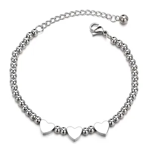 Titanium steel beaded bracelet with three heart pendants and adjustable lobster clasp
