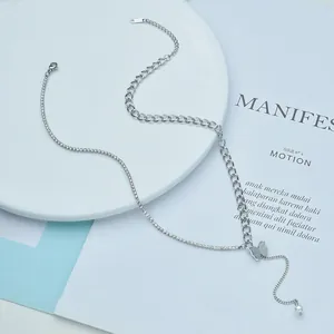 Minimalist silver butterfly tassel necklace with zircon chain and pearl pendant
