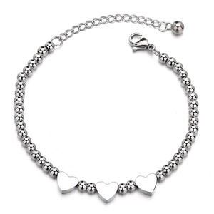 Polished titanium steel beaded bracelet featuring three heart charms and lobster clasp