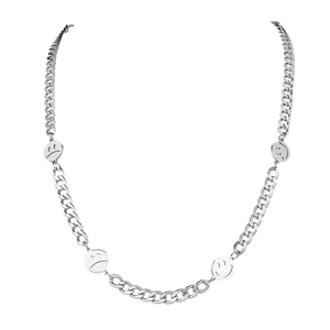 Collier minimaliste en acier argenté à maille gourmette avec pendentifs visage souriant