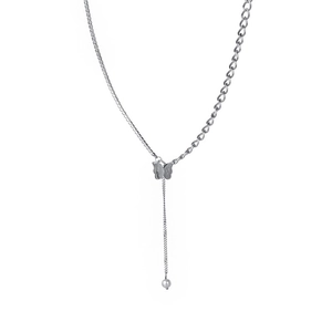 Minimalist stainless steel necklace featuring asymmetric chains with a butterfly and pearl tassel