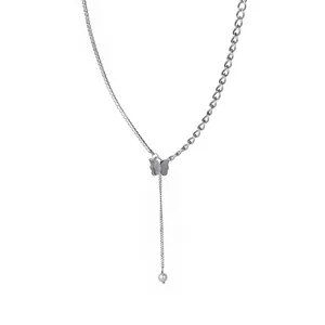 Stainless Steel Butterfly Tassel Necklace With Asymmetric Chain Simulated Artificial Pearl Zirconia Minimalist Jewelry For Women