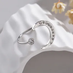 Bague ouverte minimaliste en acier inoxydable argenté avec lune scintillante et zircon