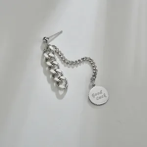 Minimalist stainless steel chain earrings with Good Luck coin pendant in silver finish